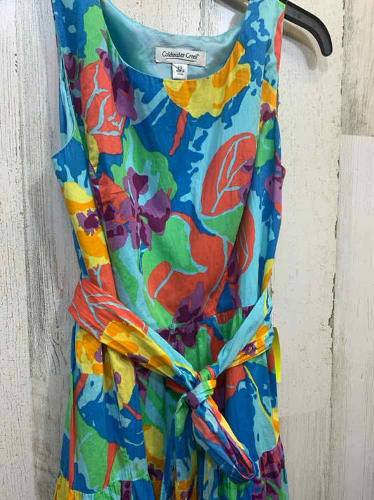 PRE-OWNED COLDWATER CREEK/VIBRANT ABSTRACT PRINT ROUND NECK SELF-TIE WAIST