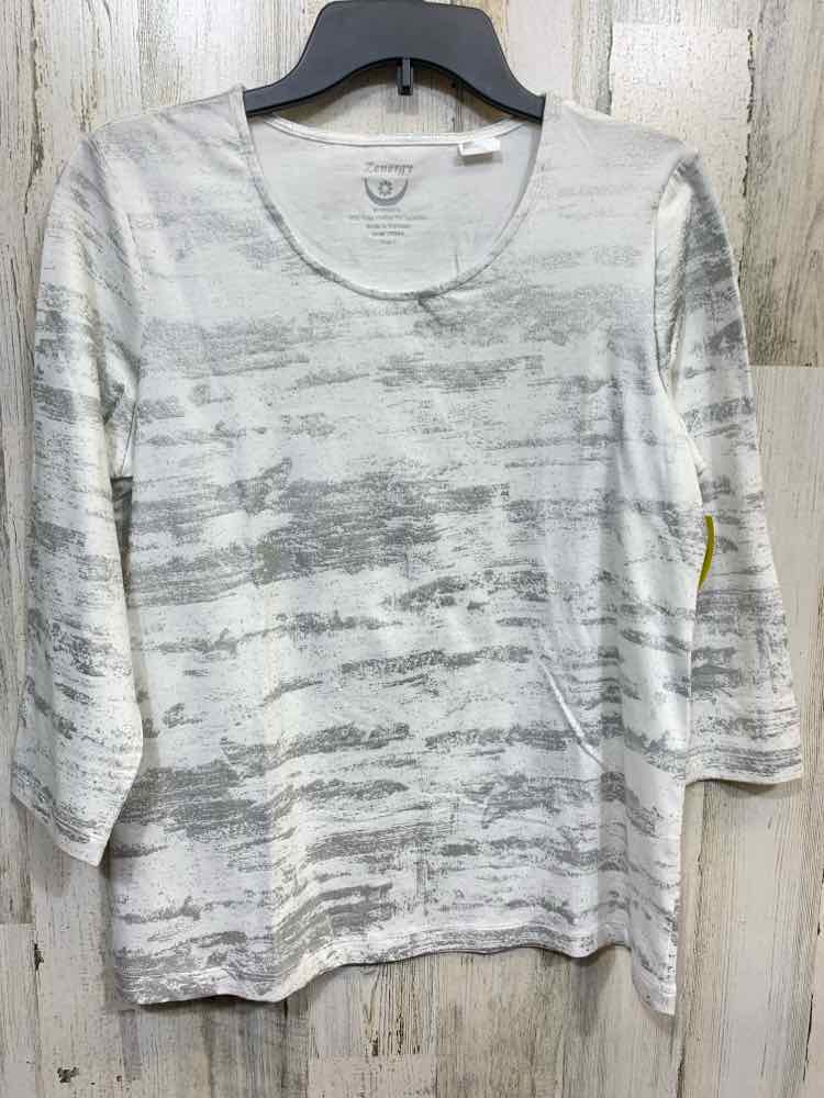 PRE-OWNED ZENERGY BY CHICO'S/METALLIC SILVER BRUSH STROKE PRINT 3/4 SLEEVE TEE