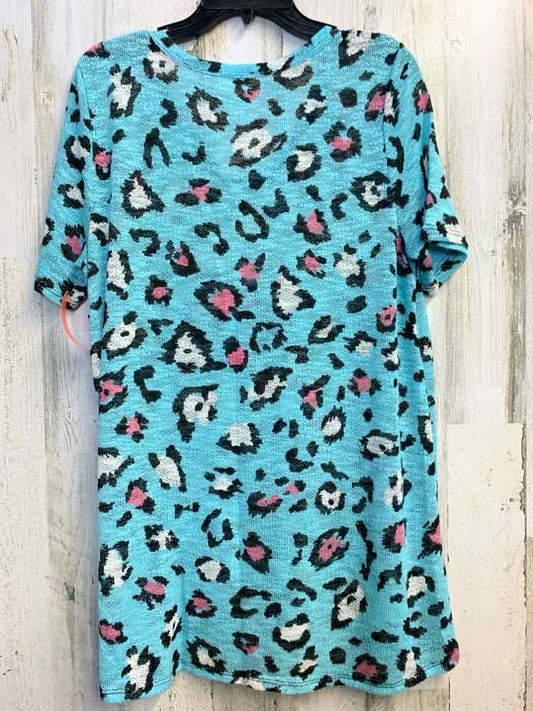PRE-OWNED BIBI Tops Size L AQUA/PINK CHEETAH PRINT SHORT SLEEVES TOP