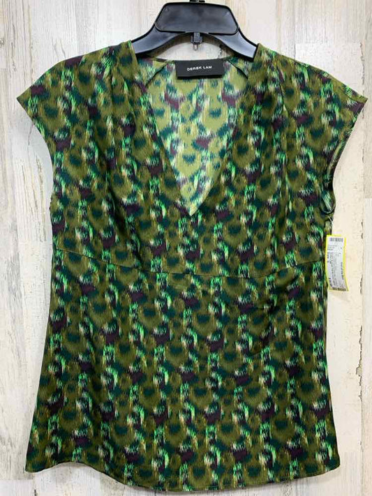 PRE-OWNED DEREK LAM Tops Size S OLIVE/PRPLE/GREEN/LIME ABSTRACT TOP/SHORT SLEEVE