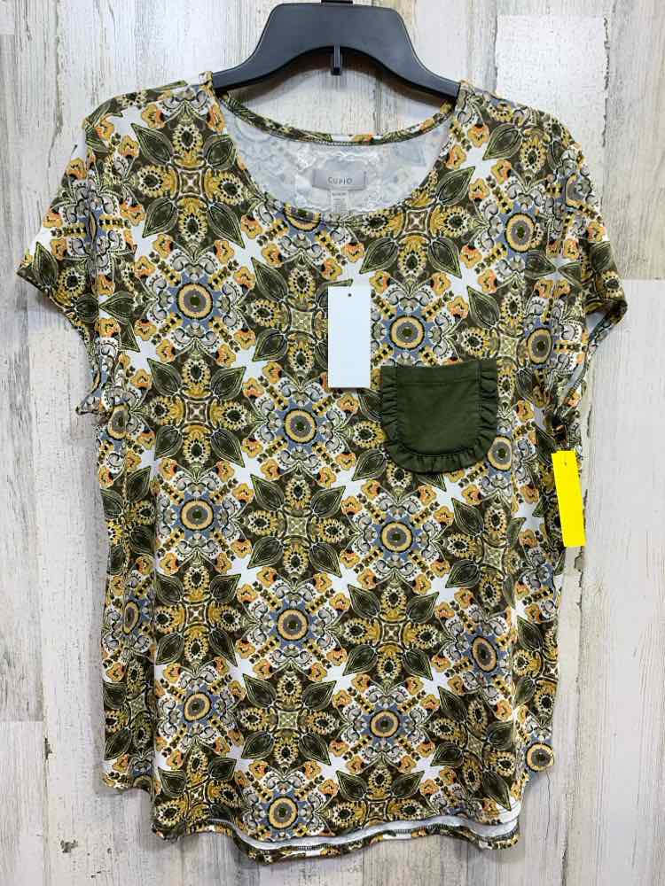 NWT CUPIO Tops Size XL WHT/OLV/YLW Floral SHORT SLEEVES/SCOOP NECKLINE  Blouse