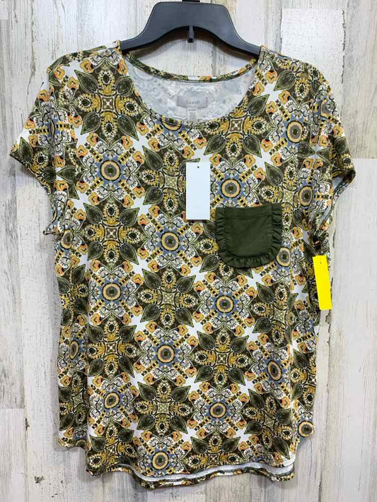 NWT CUPIO Tops Size XL WHT/OLV/YLW Floral SHORT SLEEVES/SCOOP NECKLINE  Blouse