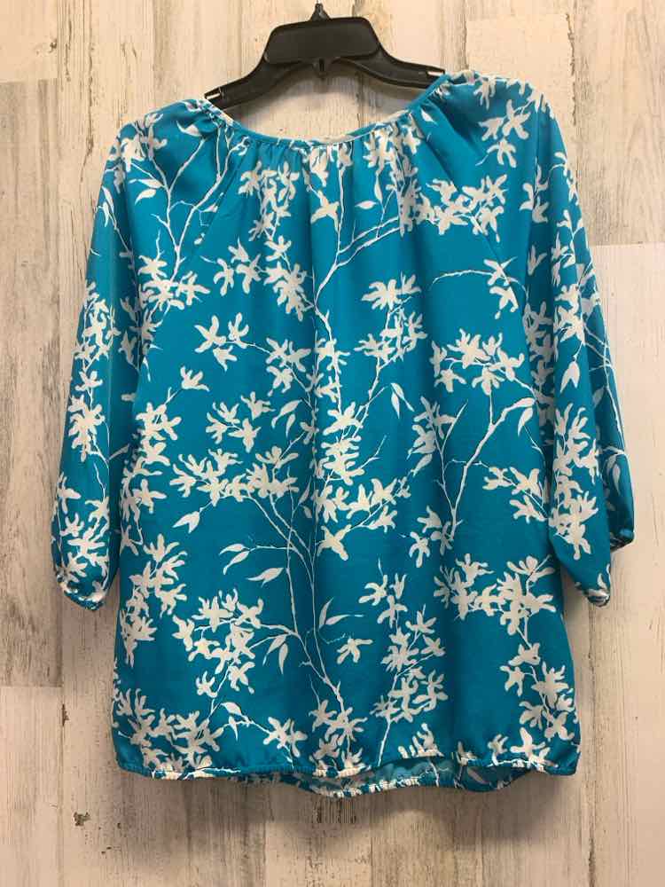 PRE-OWNED LOFT Tops Size M AQUA/WHT FLORAL & BRANCHES 3/4 LENGTH Blouse/3/4 SLEE