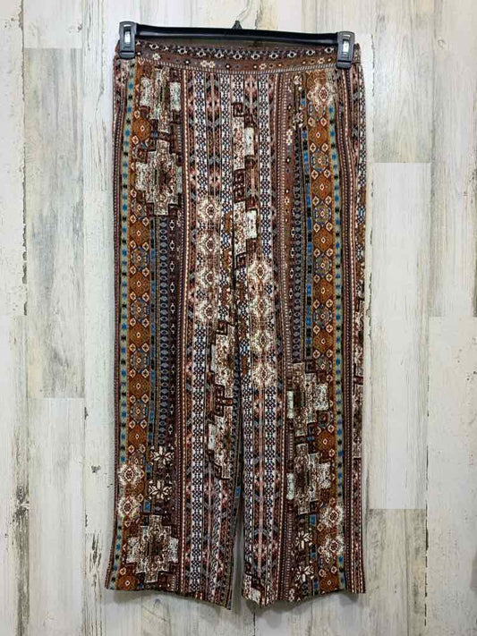 PRE-OWNED Size M KAREN KANE BOTTOMS WHT/BRN/BLU TRIBAL WIDE LEG PULL ON  Pants