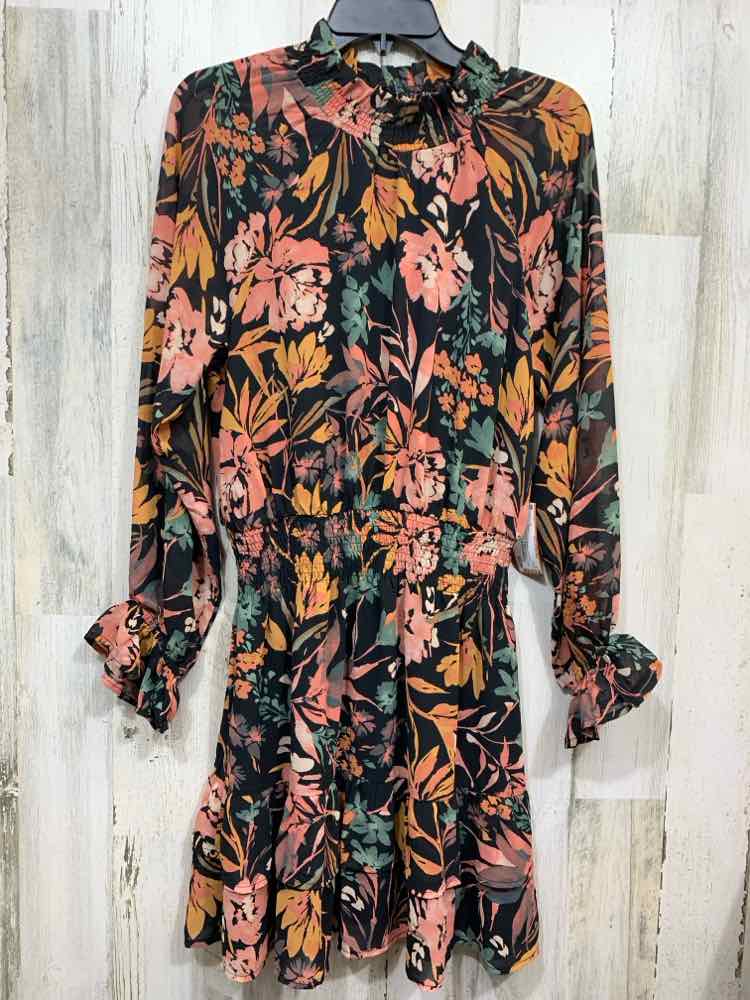 PRE-OWNED VICI/LONG SHEER SLEEVE SMOCKED WAIST TIER RUFFLE HEM HIGH NECK DRESS