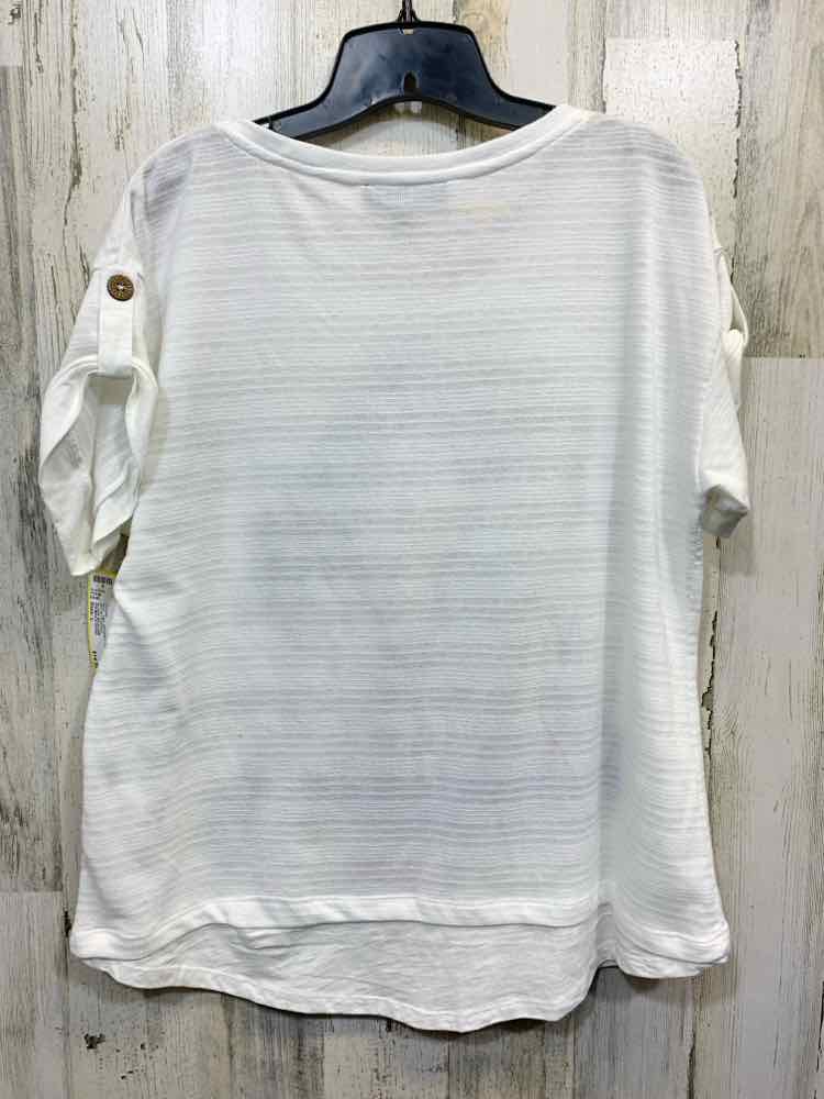 NWT THOMAS & OLIVIA Size L WHT/OLV PALM TREES SHORT SLEEVES/SCOOP NECK Blouse