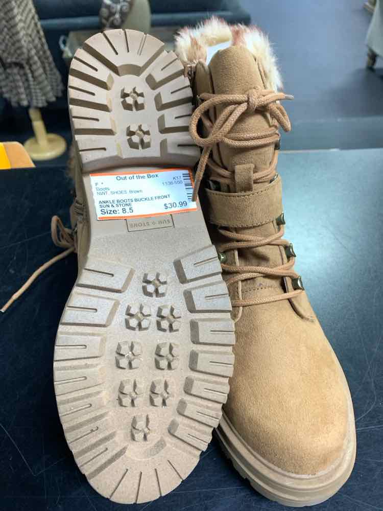 NWT SUN & STONE SHOES Shoe Size 8.5 Brown ANKLE BOOTS BUCKLE FRONT ORLENAAF FUR