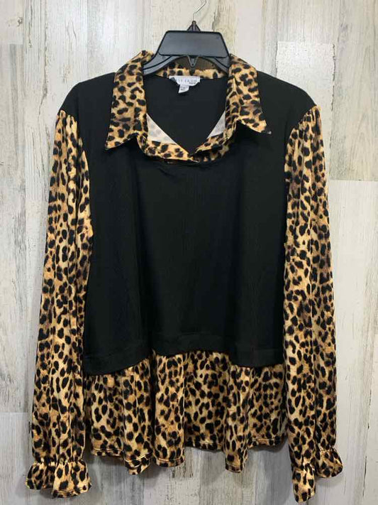 PRE-OWNED C'EST LAVIE Tops Size L Black CHEETAH LONG SLEEVE TOP/COLLAR/VEST/CHEE