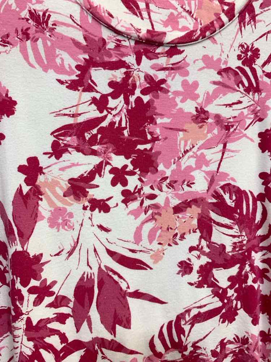PRE-OWNED CHICO'S Tops Size 1 WHITE/PINK TROPICAL SHORT SLEEVES Shirt/WHITE/PINK