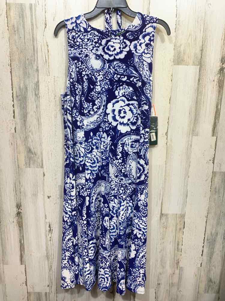 NWT Ralph Lauren Size 16 BLU/WHT FLORAL/PAISLEY SCOOP NECKLINE DRESS