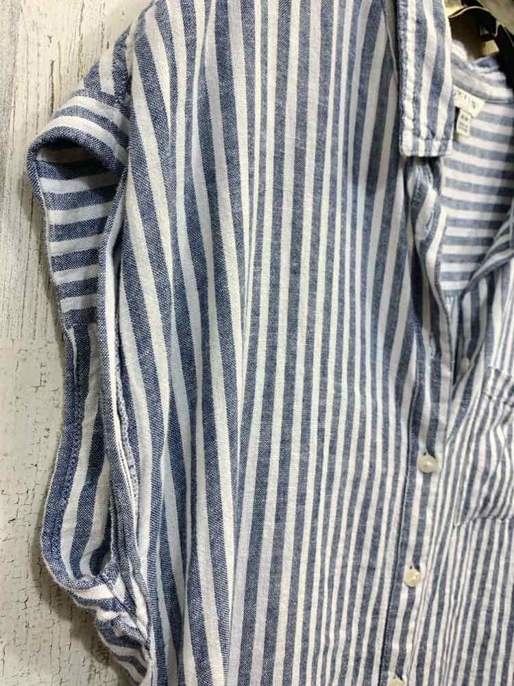 PRE-OWNED ORVIS Size M BLUE STRIPE Linen Blend SHORT Blouse/LIGHTWEIGHT BUTTON D