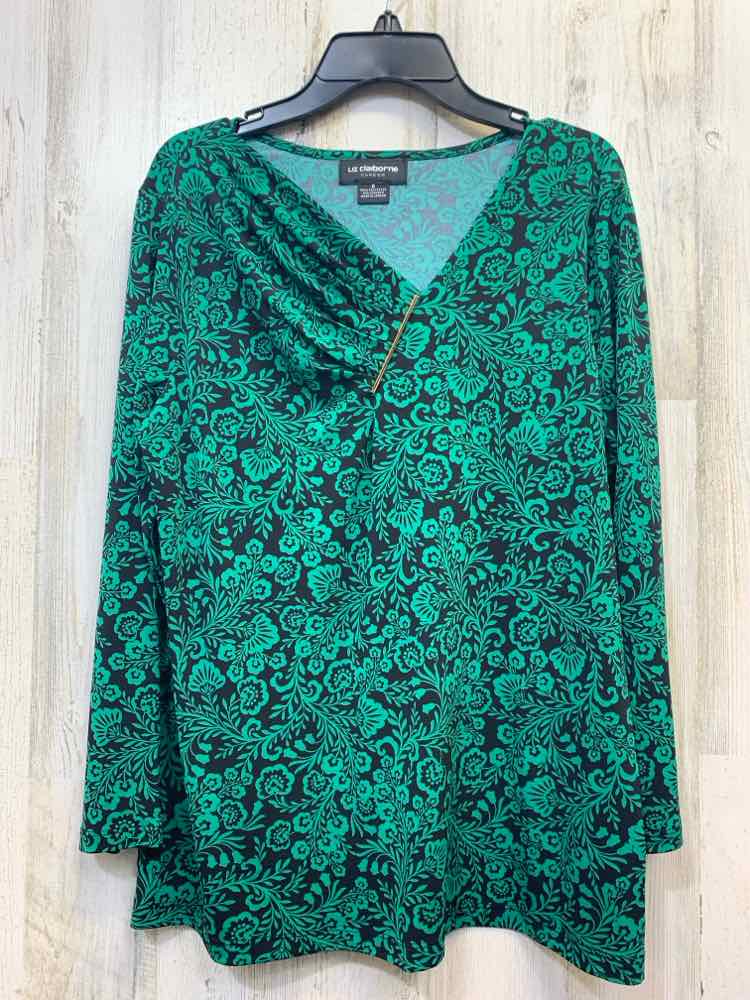 LIZ CLAIBORNE Tops Size S KELLY GRN/BLK Floral 3/4 LENGTH TOP