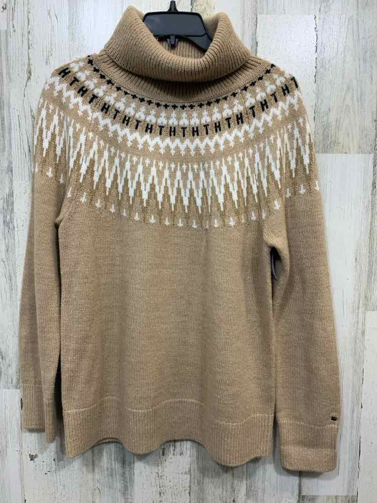 PRE-OWNED TOMMY HILFIGER Size M Tops BLK/WHT/BGE KNIT LONG SLEEVES SWEATER