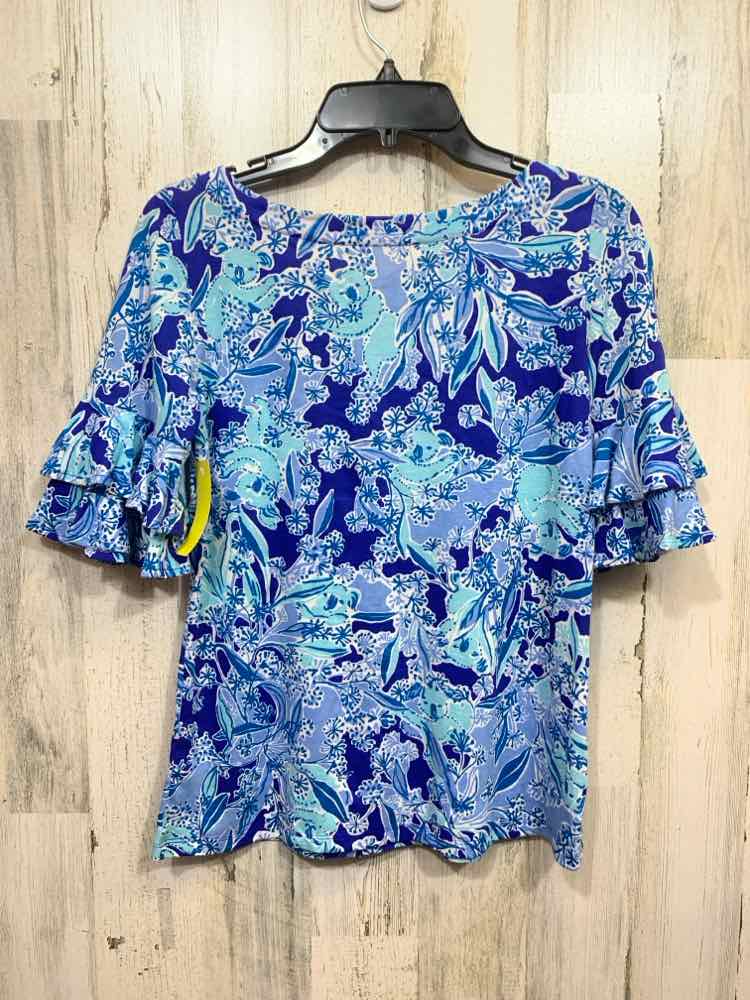 PRE-OWNED LILLY PULITZER Tops  XS WHT/BLUE/AQUA Floral RUFFLE SLEEVE SCOOP NECK