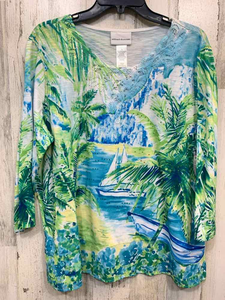 PRE-OWNED ALFRED DUNNER Tops Size L WHT/GRN/BLU 3/4 SLEEVE Blouse