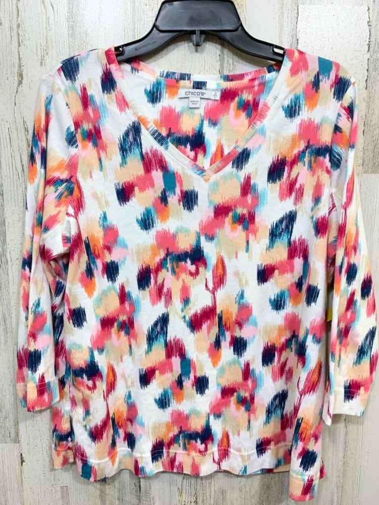 PRE-OWNED CHICO'S/3/4 LENGTH BRUSH STROKE PRINT V-NECK TEE