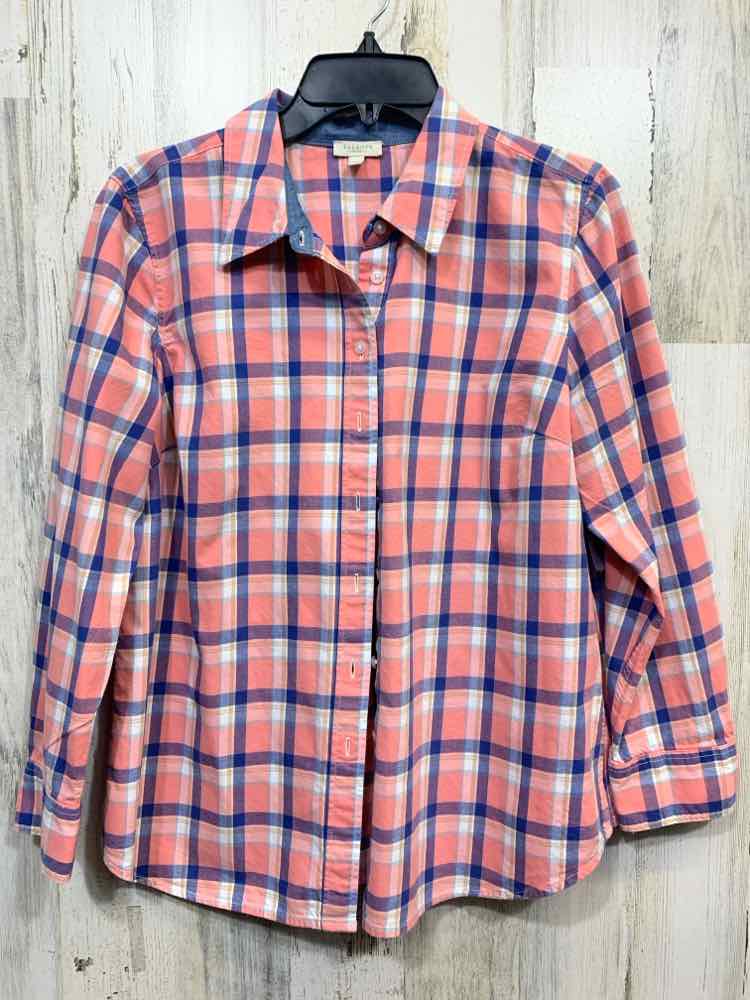 PRE-OWNED TALBOTS Size L Tops WHT/NVY/CORAL BUTTON UP Plaid LONG SLEEVES Shirt