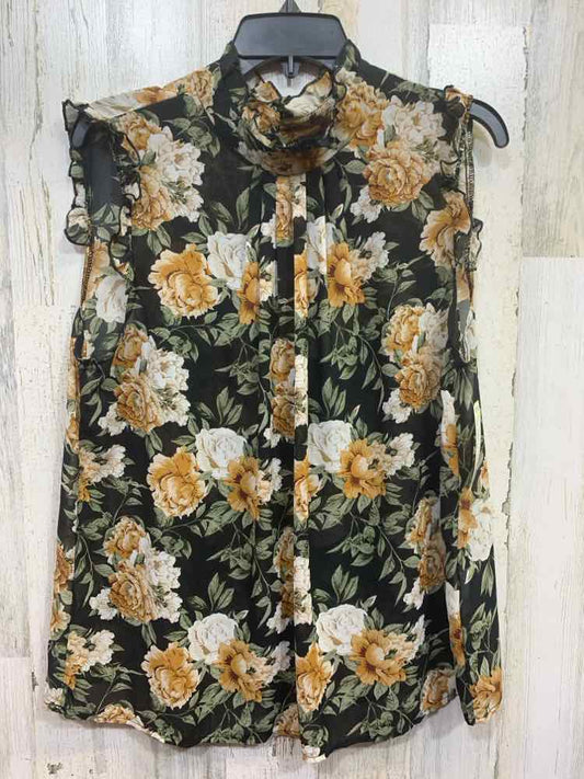 PRE-OWNED SHEIN/RUFFLED HIGH NECK SLEEVELESS FLORAL SEMI-SHEER MESH PEARL BUTTON