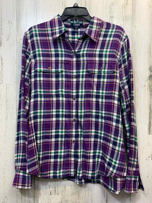 PRE-OWNED CHAPS Tops Size XL PRPL/GRN Plaid LONG SLEEVES Shirt/BUTTON UP
