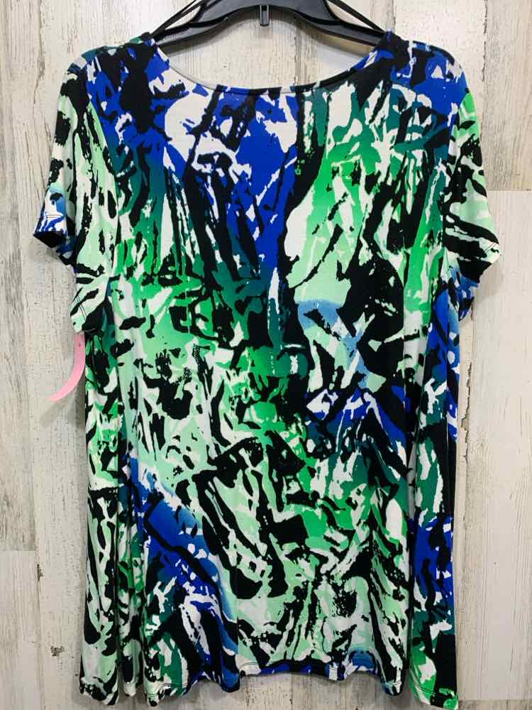 PRE-OWNED DANA BUCHMAN Tops Size XL WHITE/BLUE/GREEN/BLACK ABSTRACT Shirt/SHORT