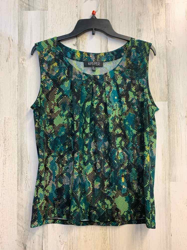 PRE-OWNED KASPER Tops Size PL GRN/BLK ABSTRACT ANIMAL SLEEVELESS TOP