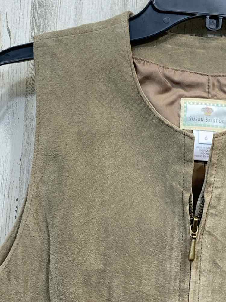 PRE-OWNED SUSAN BRISTO;L Tops Size 6 Taupe Suede /ZIP UP VEST W/ 2 SLIT POCKETS