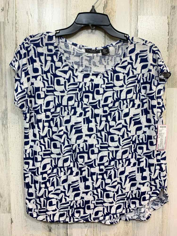 PRE-OWNED TAHARI Tops Size XL WHITE/NAVY ABSTRACT SHORT SLEEVES Shirt/WHITE/NAVY