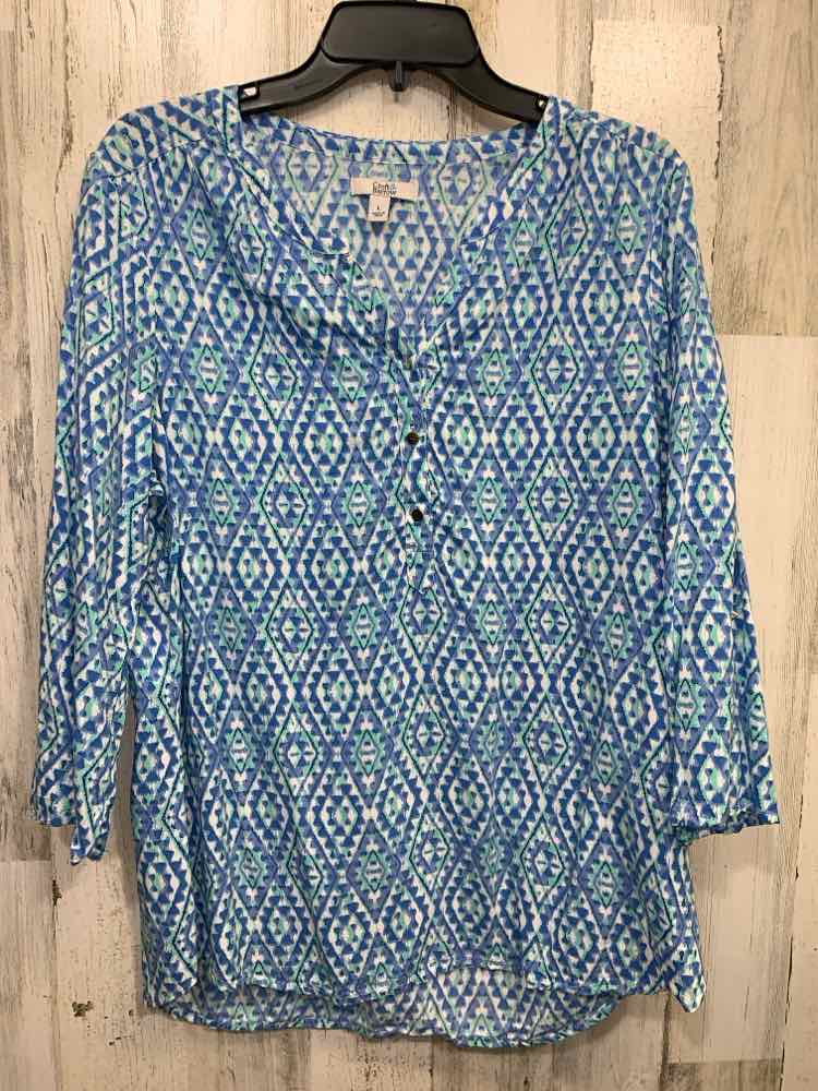 PRE-OWNED CROFT & BARROW Tops Size L WHT/GRN/BLU DIAMONDS TAB SLEEVE Blouse