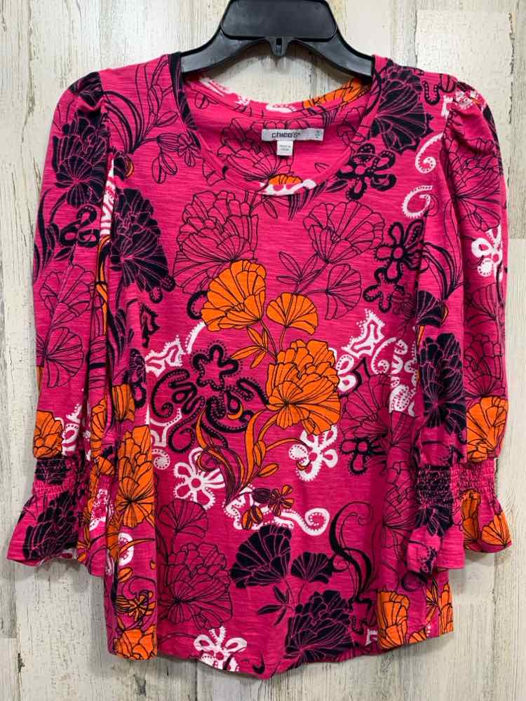 PRE-OWNED CHICO'S Tops Size 0 WHT/PNK/YEL Floral ELBOW SLEEVE Blouse