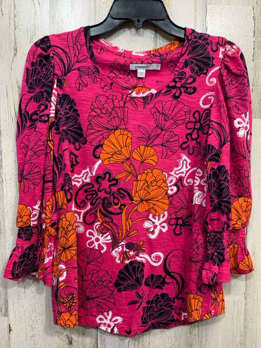 PRE-OWNED CHICO'S Tops Size 0 WHT/PNK/YEL Floral ELBOW SLEEVE Blouse