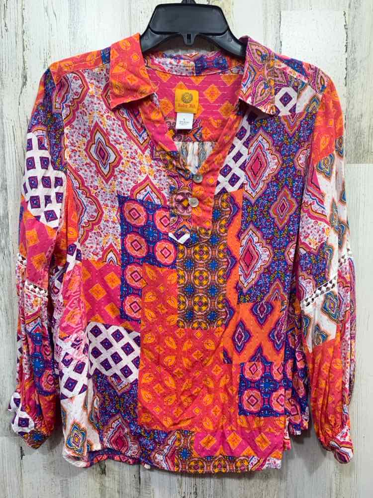 PRE-OWNED RUBY RD Tops Size L ORANGE/WHITE/HOT PINK/BLUE/PURPLE ABSTRACT Shirt/L