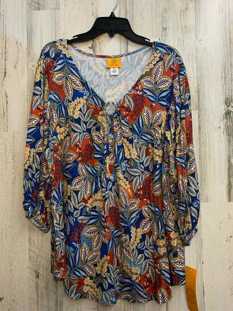 NWT RUBY RD Tops Size XL Multi-Color FLORAL LEAVES LONG SLEEVES TOP/V-NECK