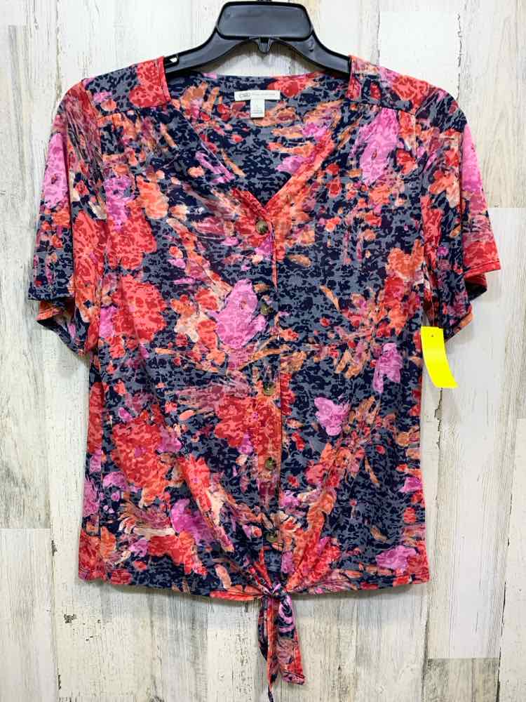 PRE-OWNED CATO Size L RED/BLK/ORG Floral TIE WAIST Shirt/SHORT SLEEVE V NECK BUT