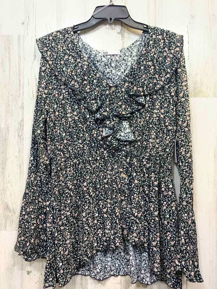 NWT SO Tops Size XL BLACK/GREEN/BEIGE Floral TOP/FLORAL LONG SLEEVE TOP W/ FLOWY