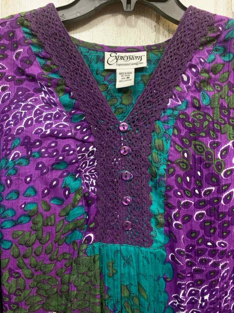 PRE-OWNED EXPRESSIONS/VINTAGE LOUNGEWEAR TUNIC DRESS W/ CROCHET KNIT V-NECK SPLI
