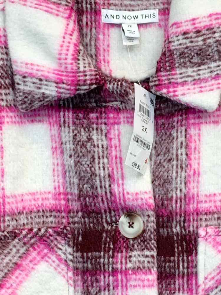 NWT AND NOW THIS Size 2X JACKETS / COATS WHT/PNK Plaid LONG SLEEVES BUTTON UP