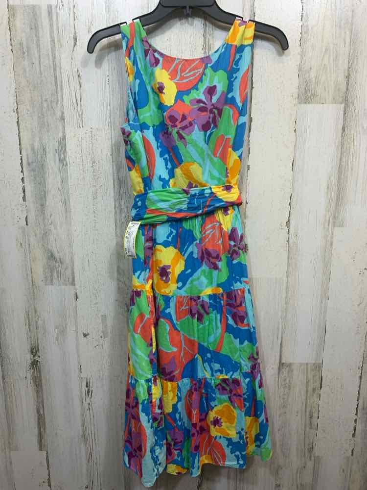 PRE-OWNED COLDWATER CREEK/VIBRANT ABSTRACT PRINT ROUND NECK SELF-TIE WAIST