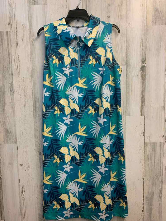 KATE & MALLORY PLUS SIZES Size 1X TEAL/GRN/YEL TROPICAL LEAVES SLEEVELESS Dress
