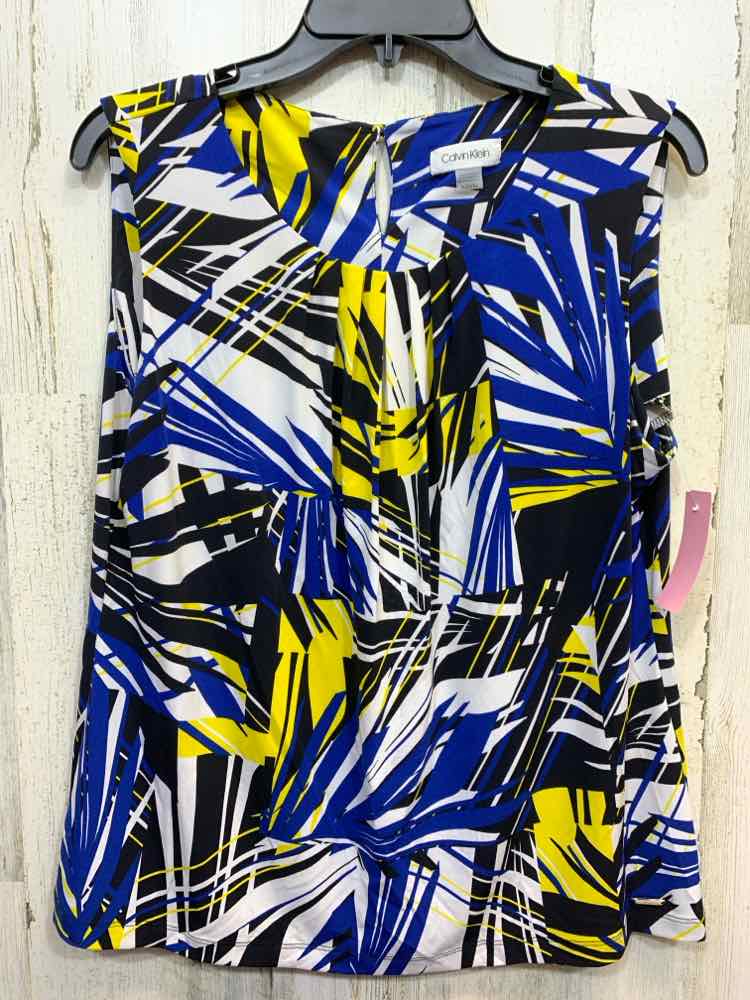 PRE-OWNED CALVIN KLIEN Tops Size XL BLK/WHT/BLU/YLOW ABSTRACT SLEEVELESS Blouse