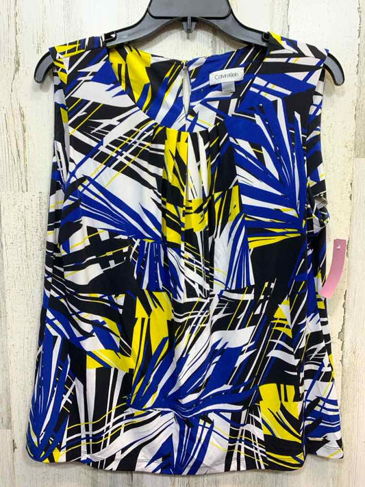 PRE-OWNED CALVIN KLIEN Tops Size XL BLK/WHT/BLU/YLOW ABSTRACT SLEEVELESS Blouse
