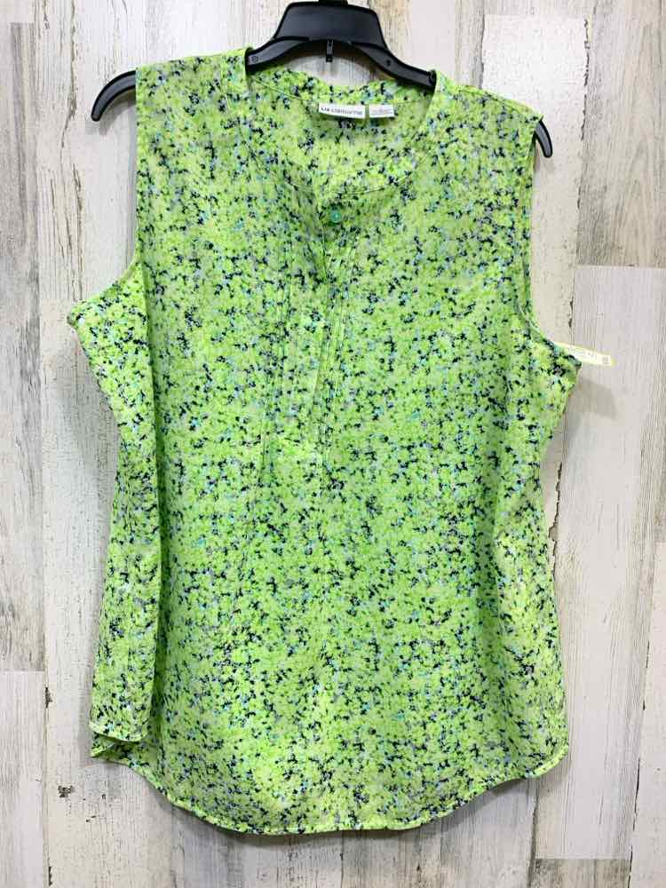 PRE-OWNED LIZ CLAIBORNE BUTTON UP Size L LM GRN/PRPL Floral SLEEVELESS Blouse