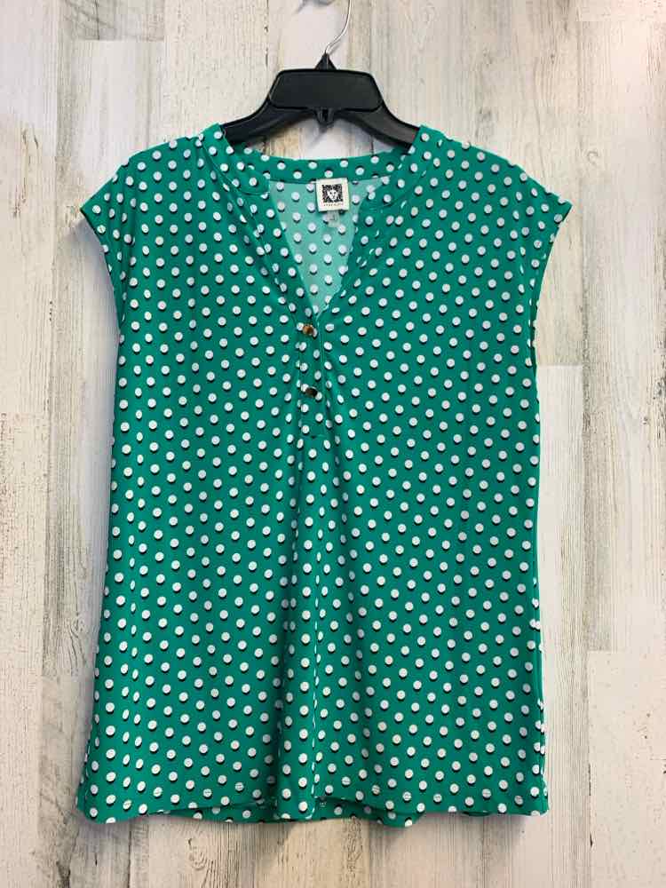 PRE-OWNED ANNE KLEIN Tops Size S GREEN/WHITE DOTS SLEEVELESS TOP