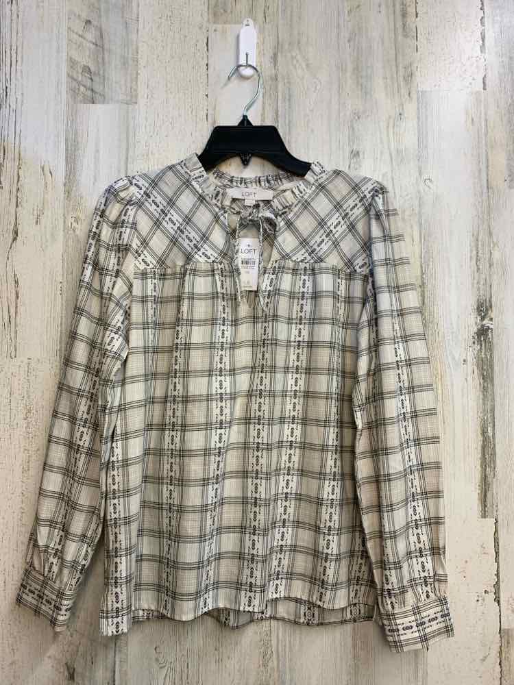 NWT LOFT Tops Size XS Tan Plaid LONG SLEEVES TOP/STRINGS ON FRONT