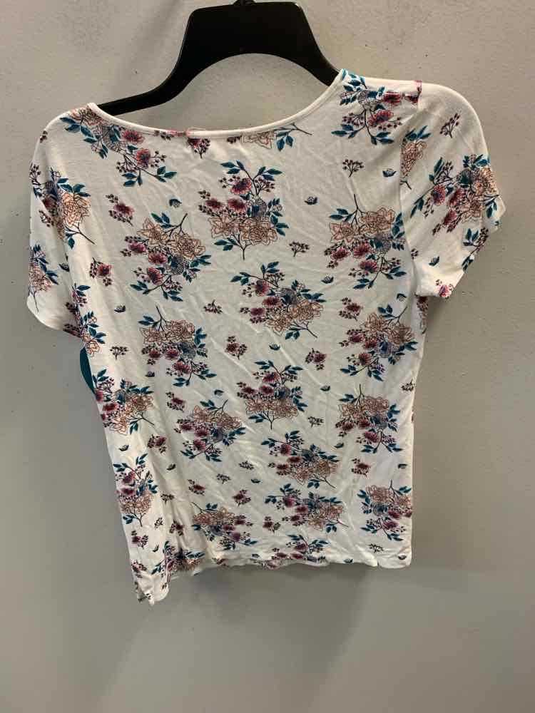 PINK ROSE Tops Size L WHT/AQUA/BLK/PNK FLORAL BIRDS TOP