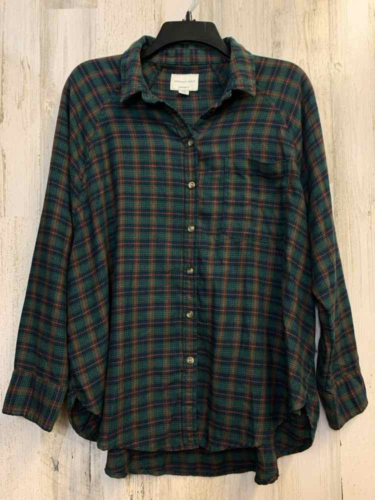 PRE-OWNED AMERICAN EAGLE Tops Size S GRN/NVY Plaid LONG SLEEVES Shirt