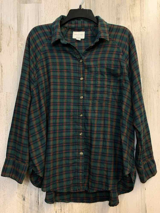 PRE-OWNED AMERICAN EAGLE Tops Size S GRN/NVY Plaid LONG SLEEVES Shirt