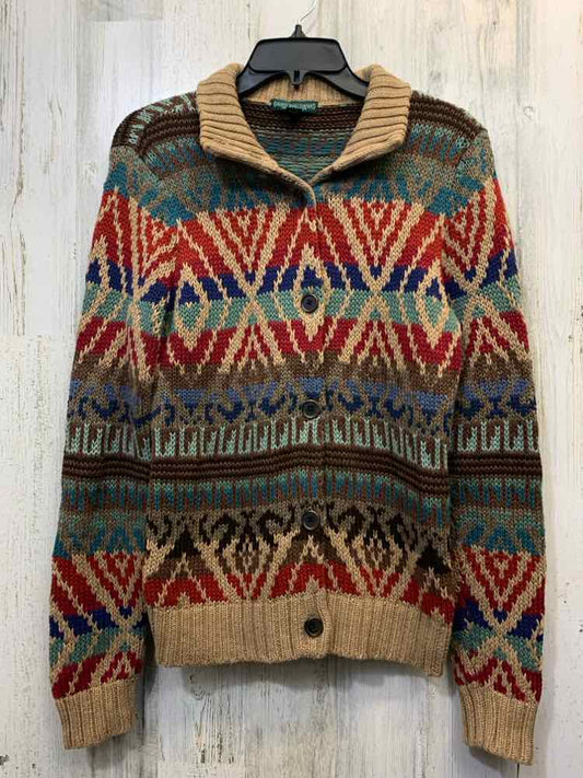 LAUREN JEANS CO Tops Size S TAN/RED/BLU/TEAL Geometric CARDIGAN Cardigan
