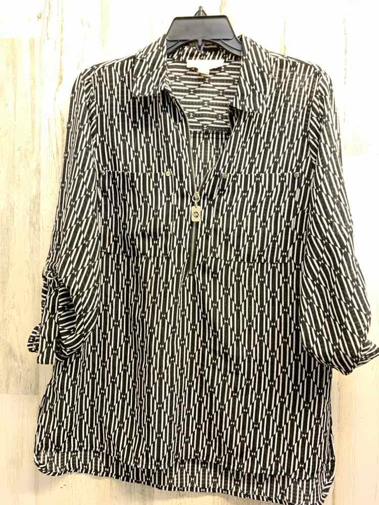 PRE-OWNED MICHAEL KORS Tops Size M WHT/BLACK STRIPE/DIAMOND 3/4 SLEEVE Blouse