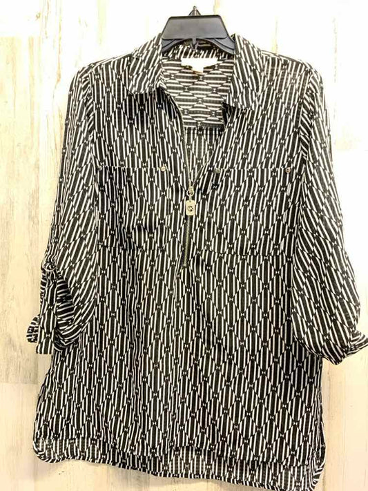 PRE-OWNED MICHAEL KORS Tops Size M WHT/BLACK STRIPE/DIAMOND 3/4 SLEEVE Blouse