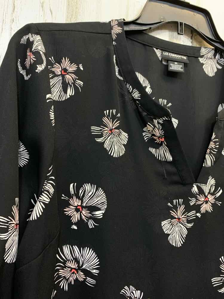 PRE-OWNED LIZ CLAIBORNE Tops Size XL Black SHEER FLOWERS LONG SLEEVE TOPV-CUT W/
